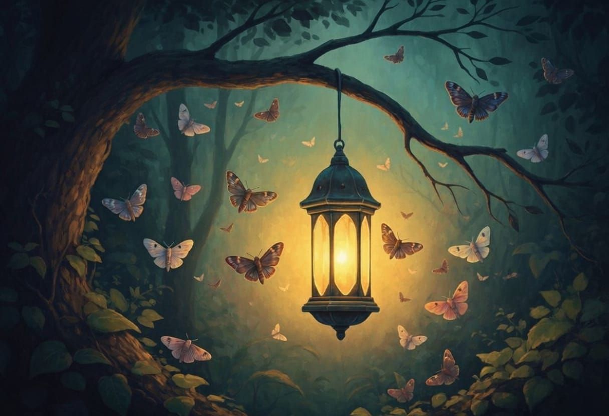 Impressionist Lantern in Forest with Moths