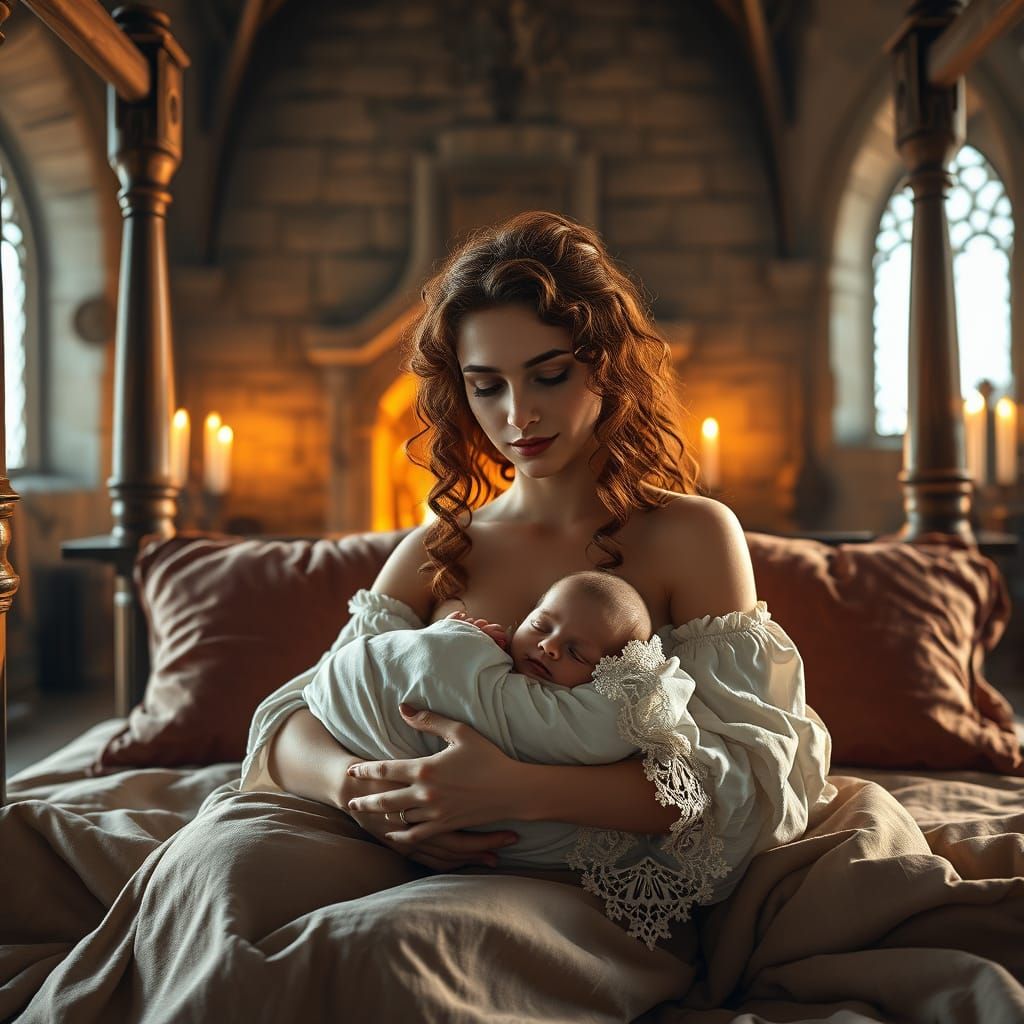Medieval Mother and Child in Whimsical Castle Scene