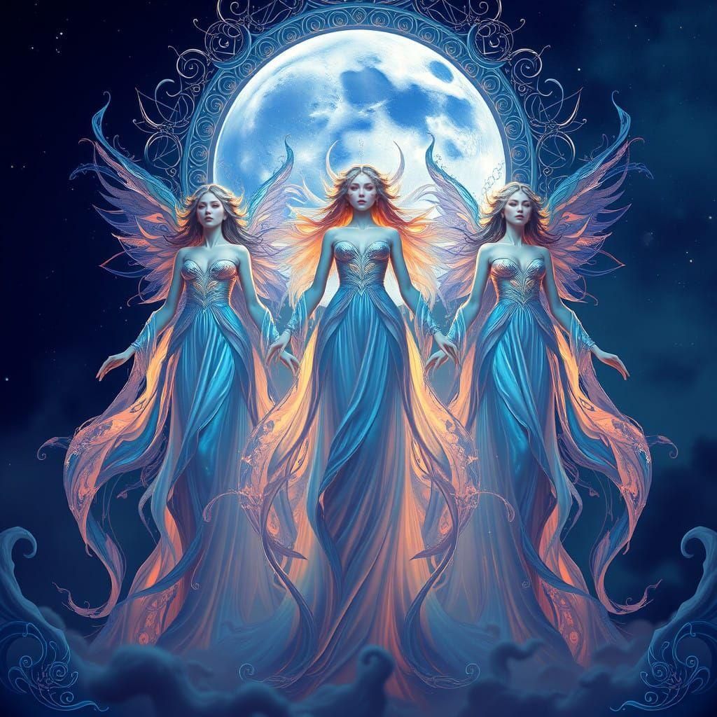 Majestic Goddess Trio Illuminates Lunar Night Sky in Intrica...