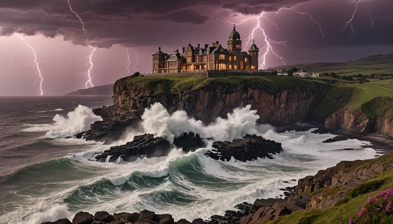 Magenta Edwardian Mansion Overlooking Stormy Coastline
