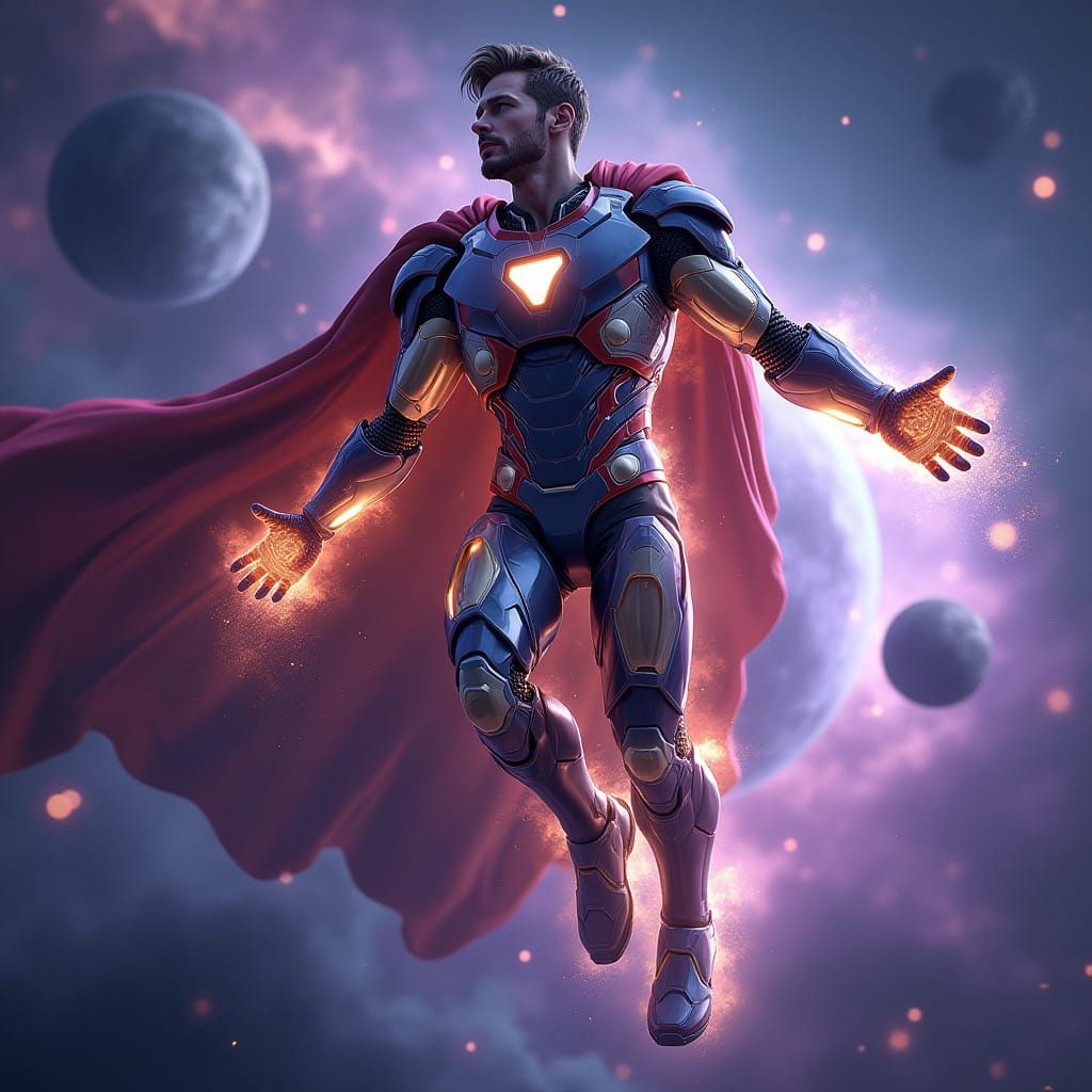 Thor-Ironman Hybrid Superhero Soars Through Cosmic Nebulae