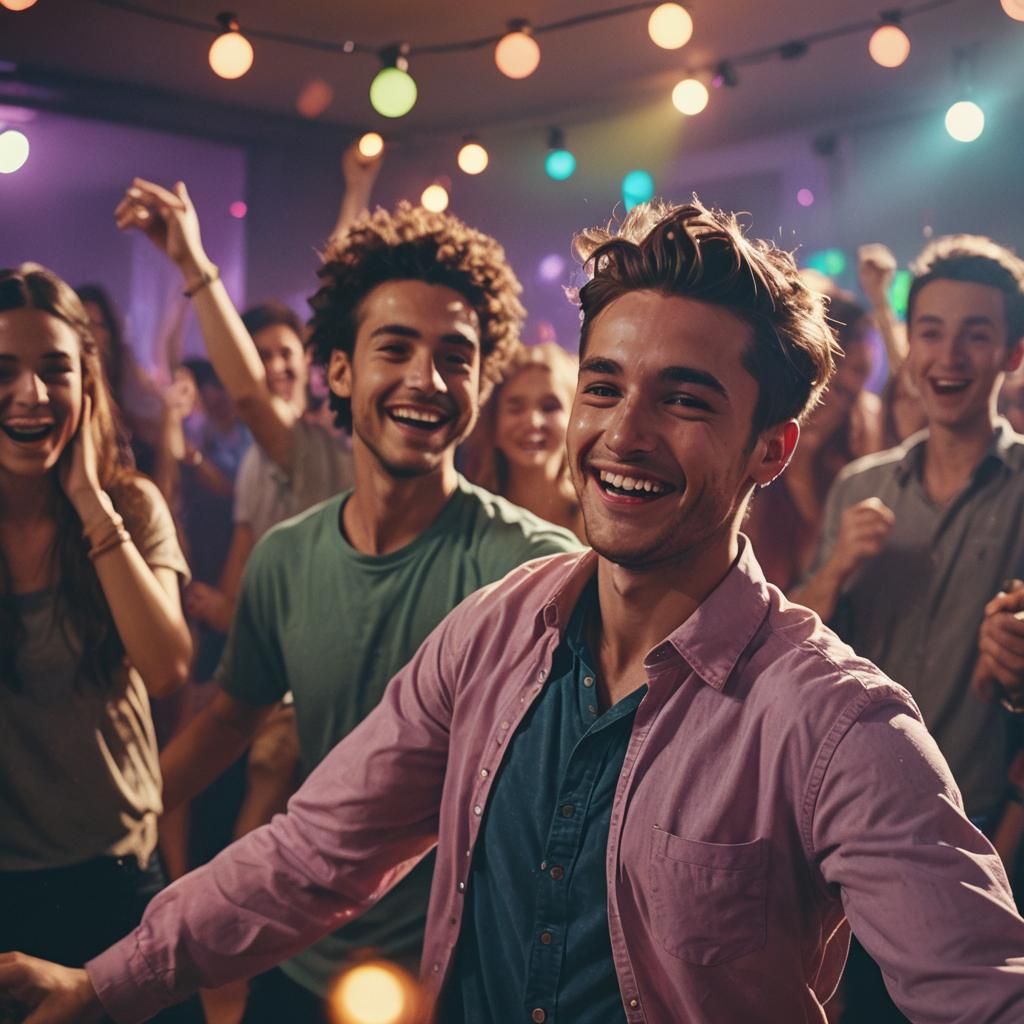 Energetic Party Scene with Dancing Man in Film Style