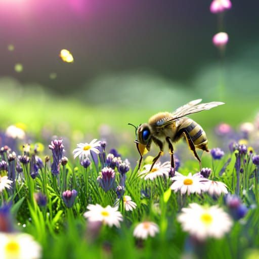 Bees Flying Over Flower Field in Sci-Fi Style