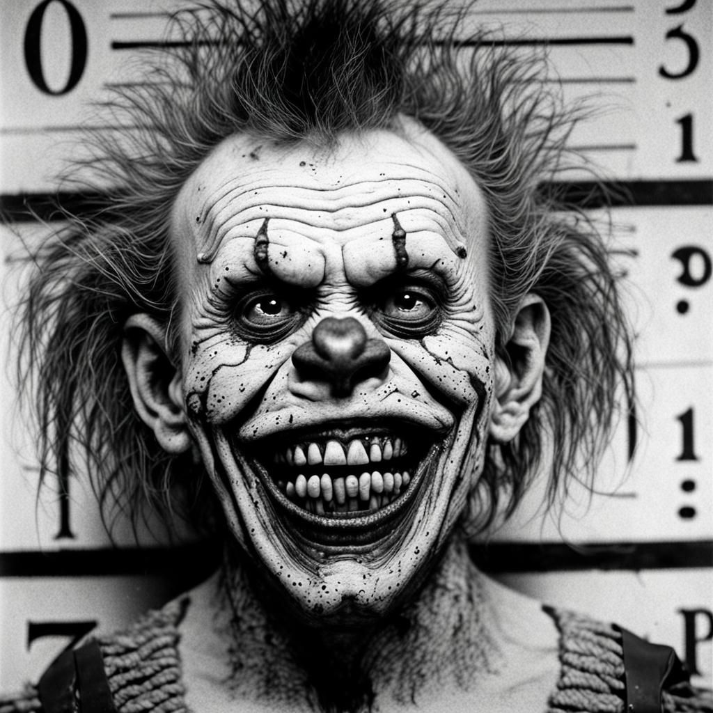Grotesque Monkey Clown Maniacal Mugshot in Horror Style
