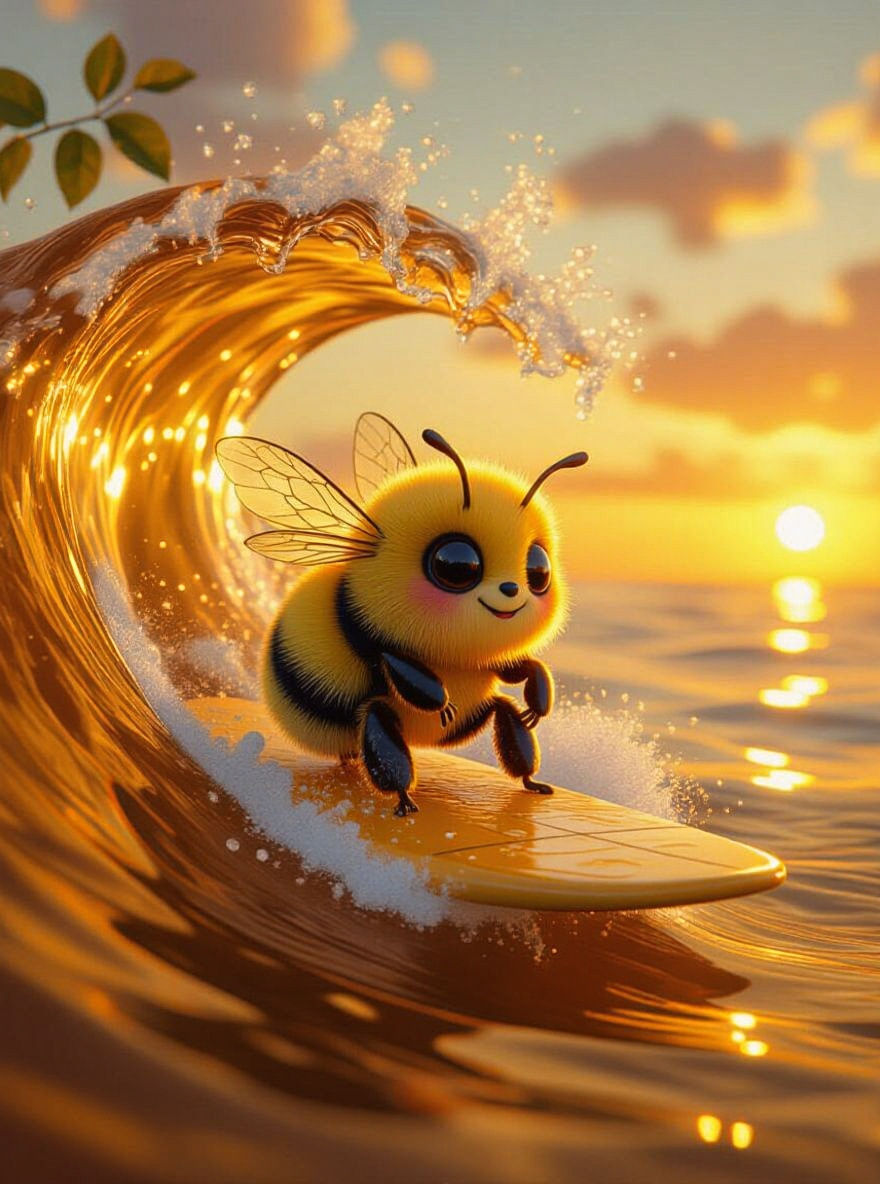 Fluffy Bee Surfing Honey Wave on Rose Leaf