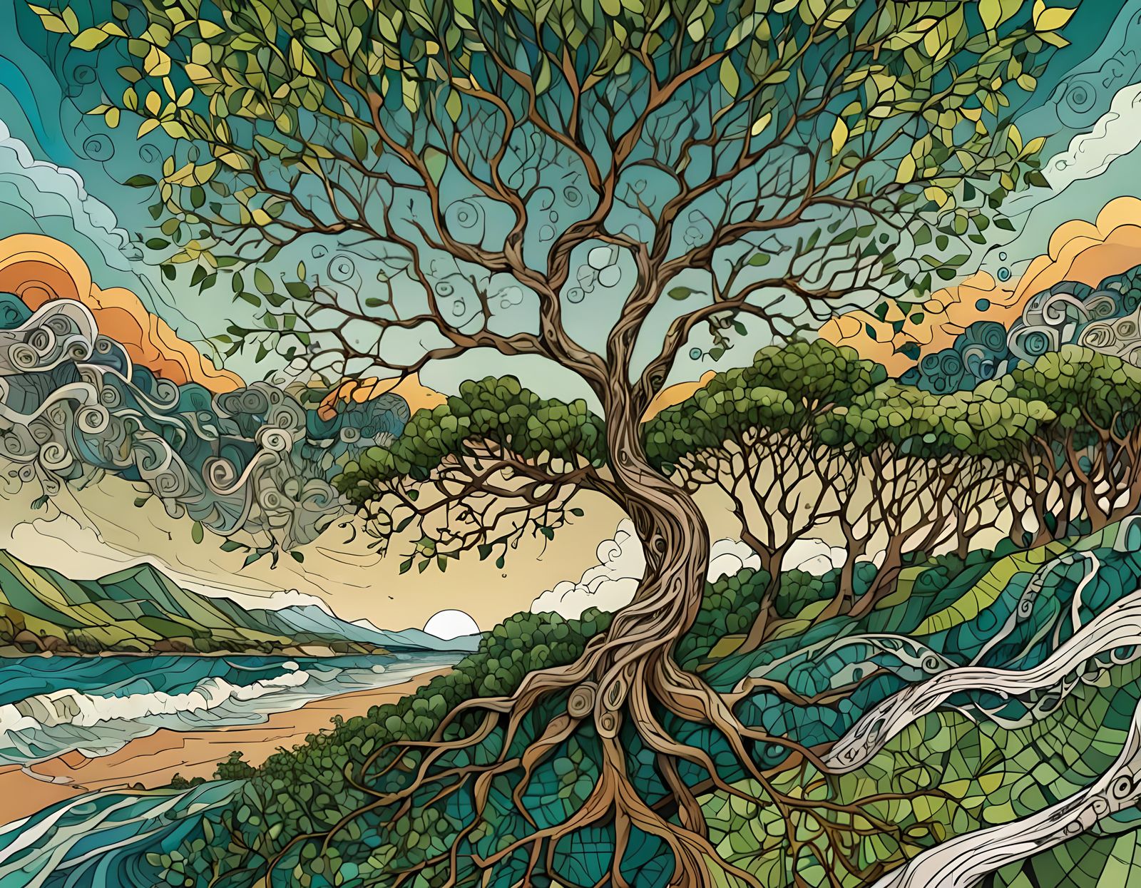 Windy Day Trees Swaying with Birds Clinging