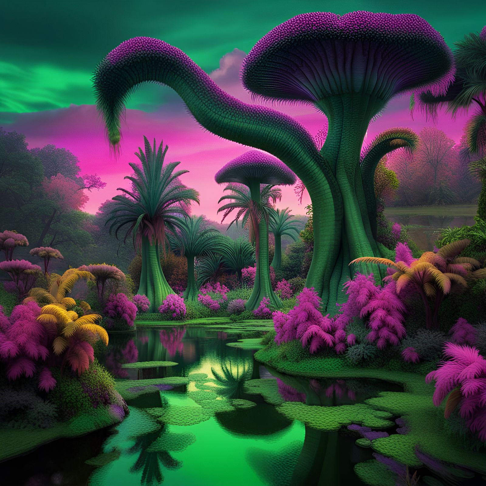 Luminous Garden of Eden Under a Colorful Sky