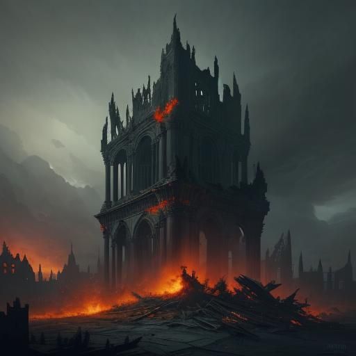 Angel of Destruction in Smoldering Cityscape