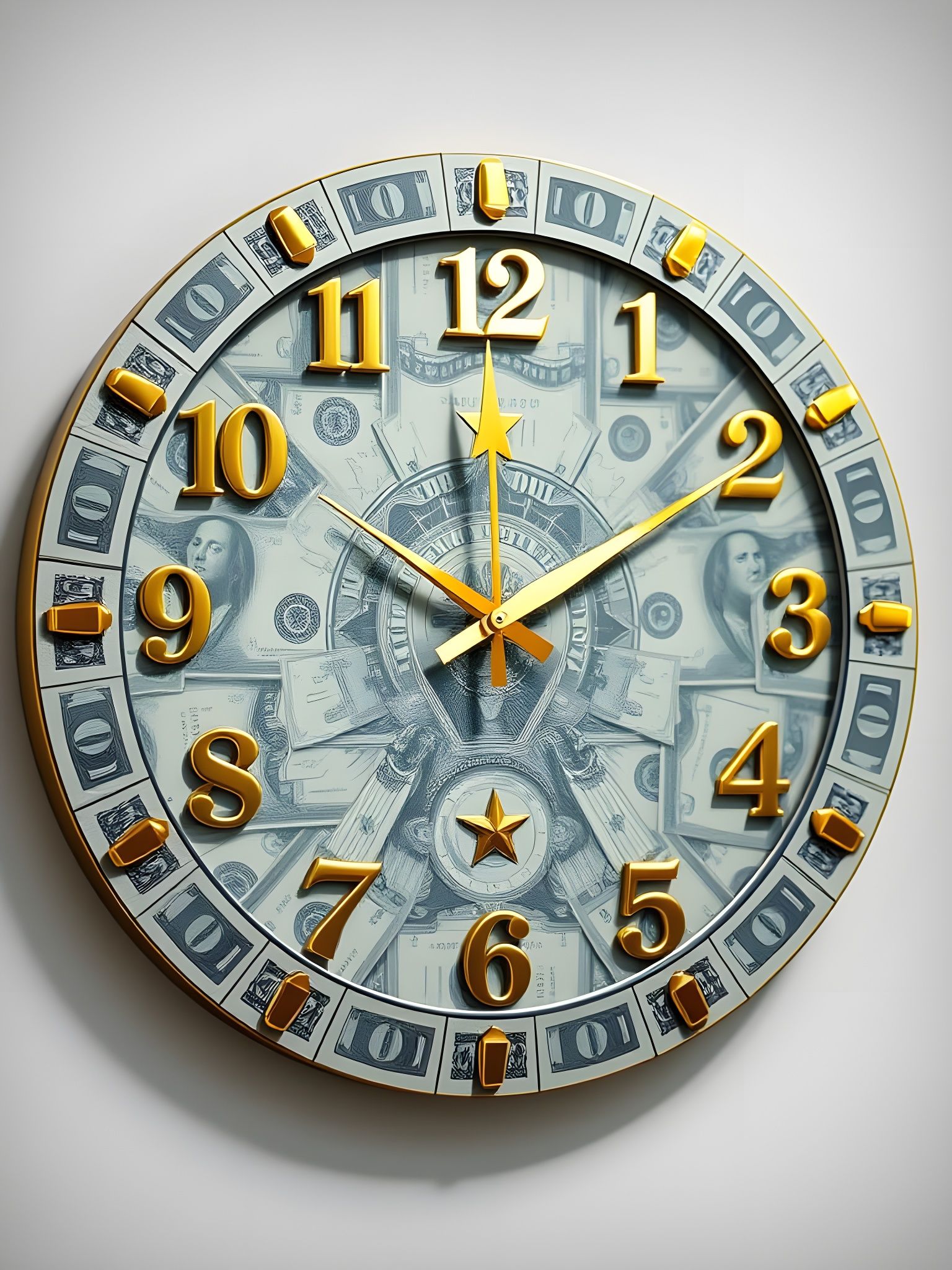 Wall Clock with Dollar Bill Face and Gold Hands