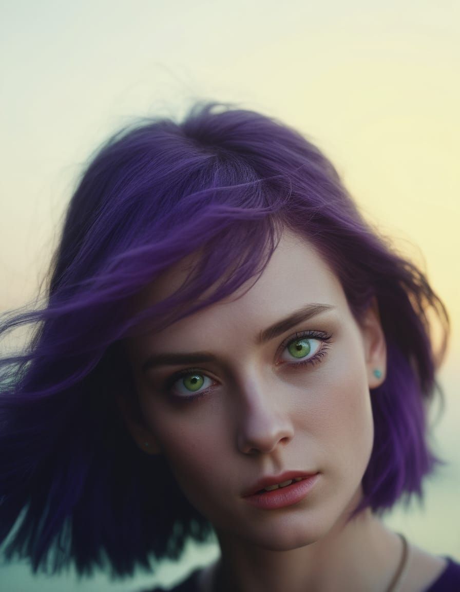 Hyper-realistic portrait. Close up. Woman with purple hair a...