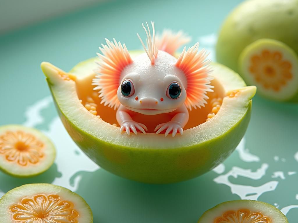 Iridescent Axolotl in Honeydew Melon Boat