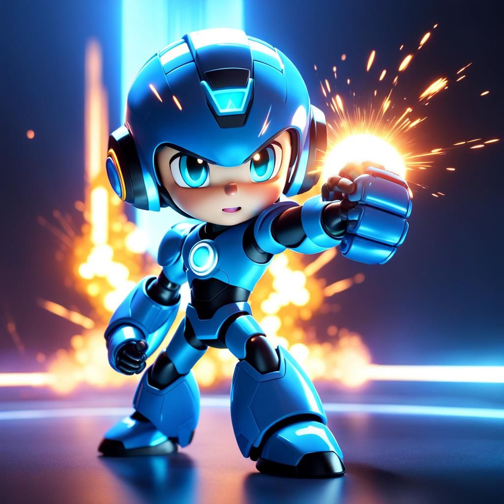 Luminous Megaman Fires Arm Cannon: CGI Cartoon Action