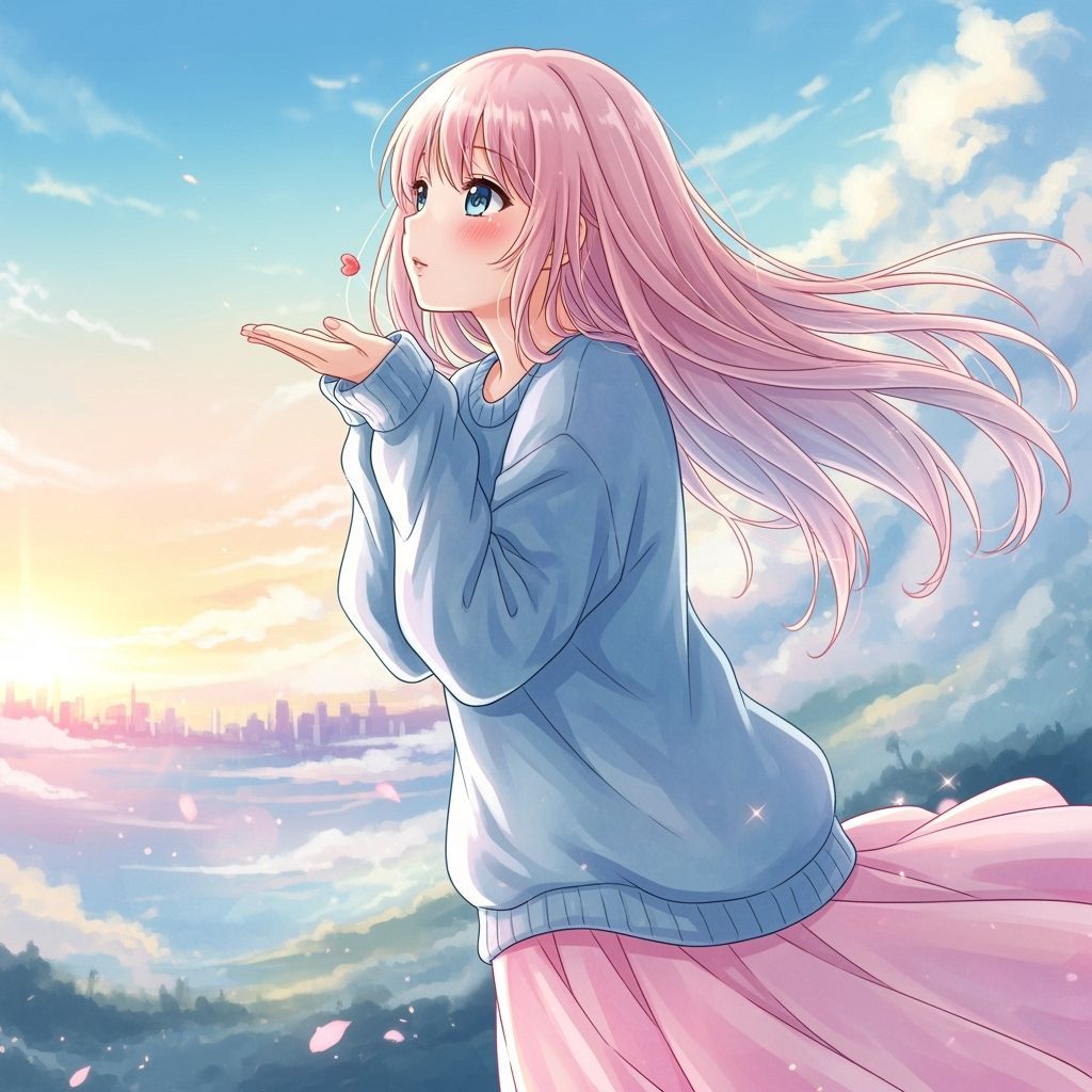 Anime Girl Blowing Kiss in Watercolor Style