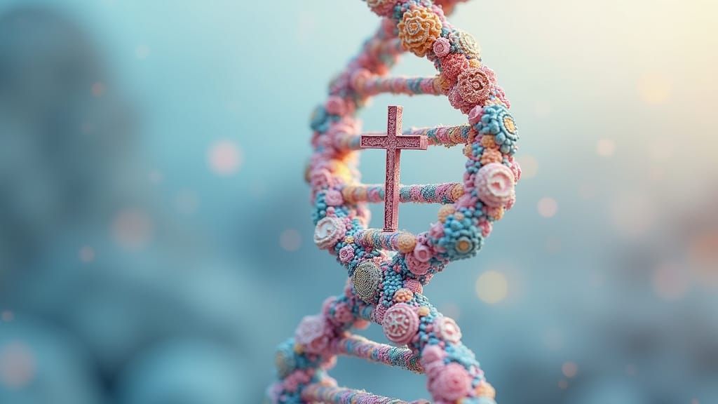 Religious Symbols Woven in Vibrant DNA Helix