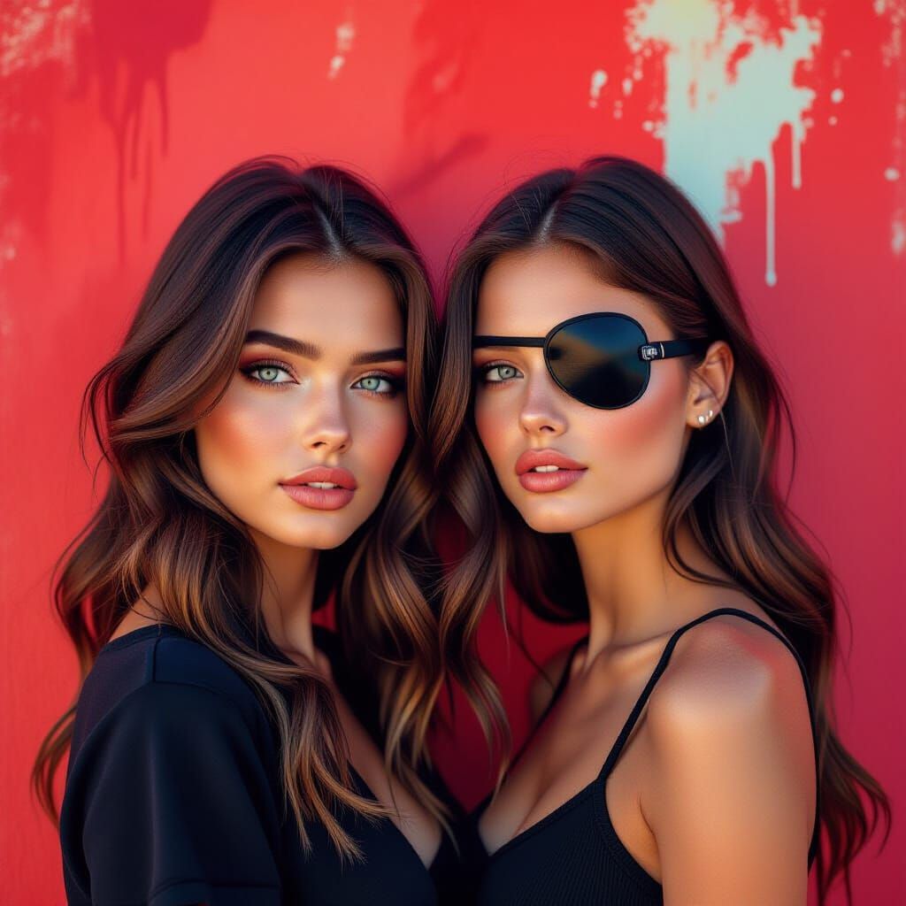 Two Models in Graffiti Art Style with Red Background