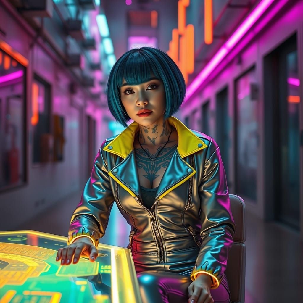 Cyberpunk Asian Woman in Neon Hued Night Scene