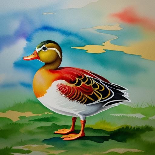Duck in Red Coat as Gouache Painting