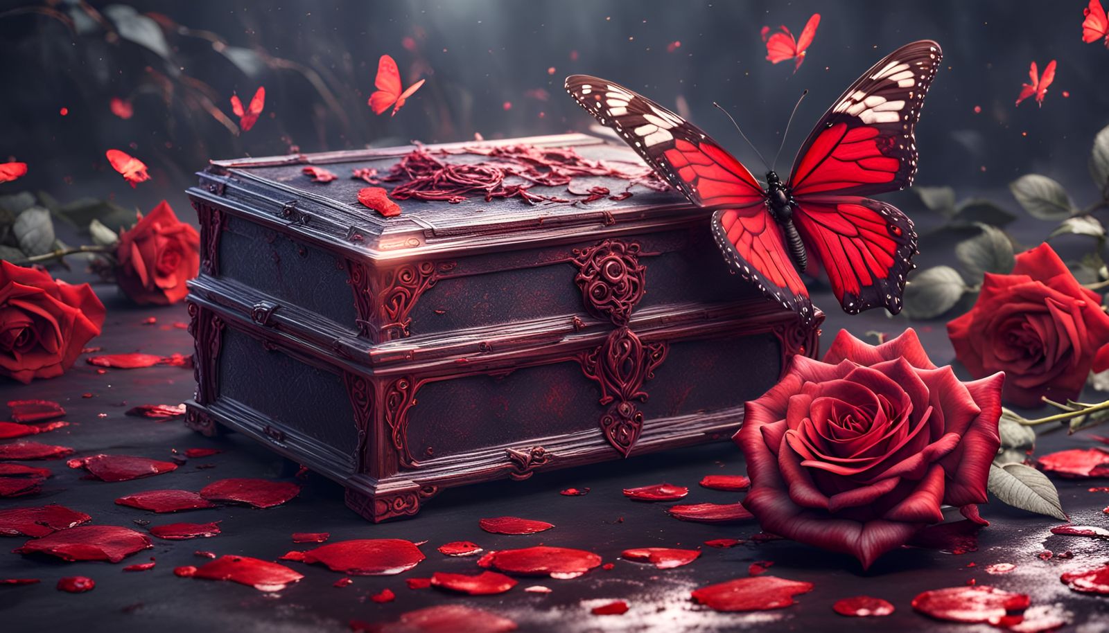Red Butterfly and Rose in Detailed Matte Painting