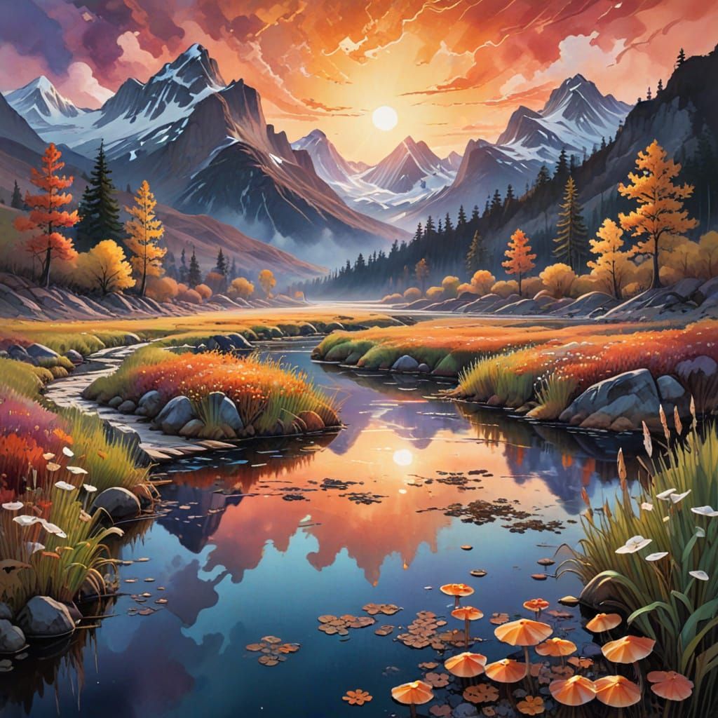 a landscape painted with dreamlike watercolor hues and lumin...