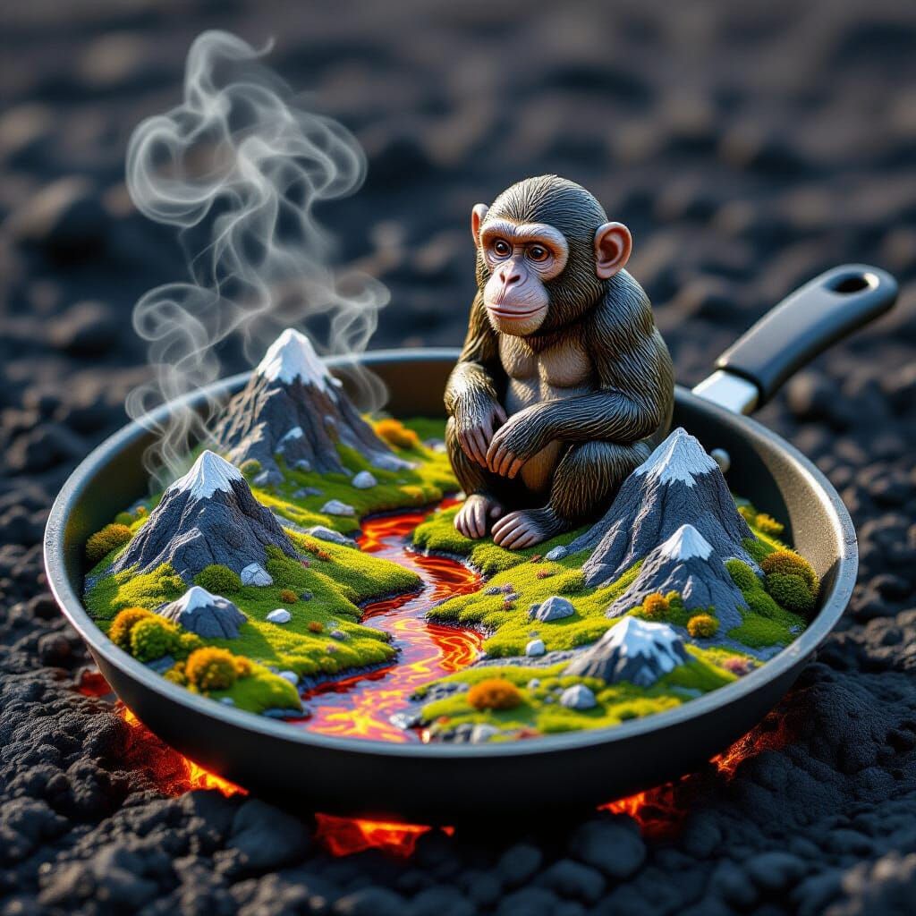 Stone Monkey in Frying Pan on Lava Lake