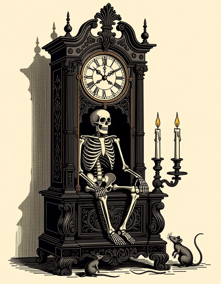 Macabre Grandfather Clock with Skeleton and Rats