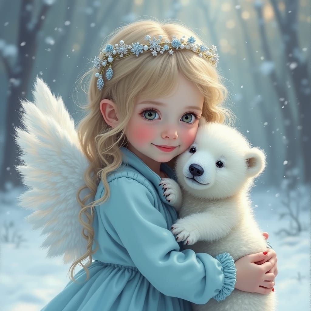 Cute Angelic Girl Hugs Polar Bear in Snowy Forest