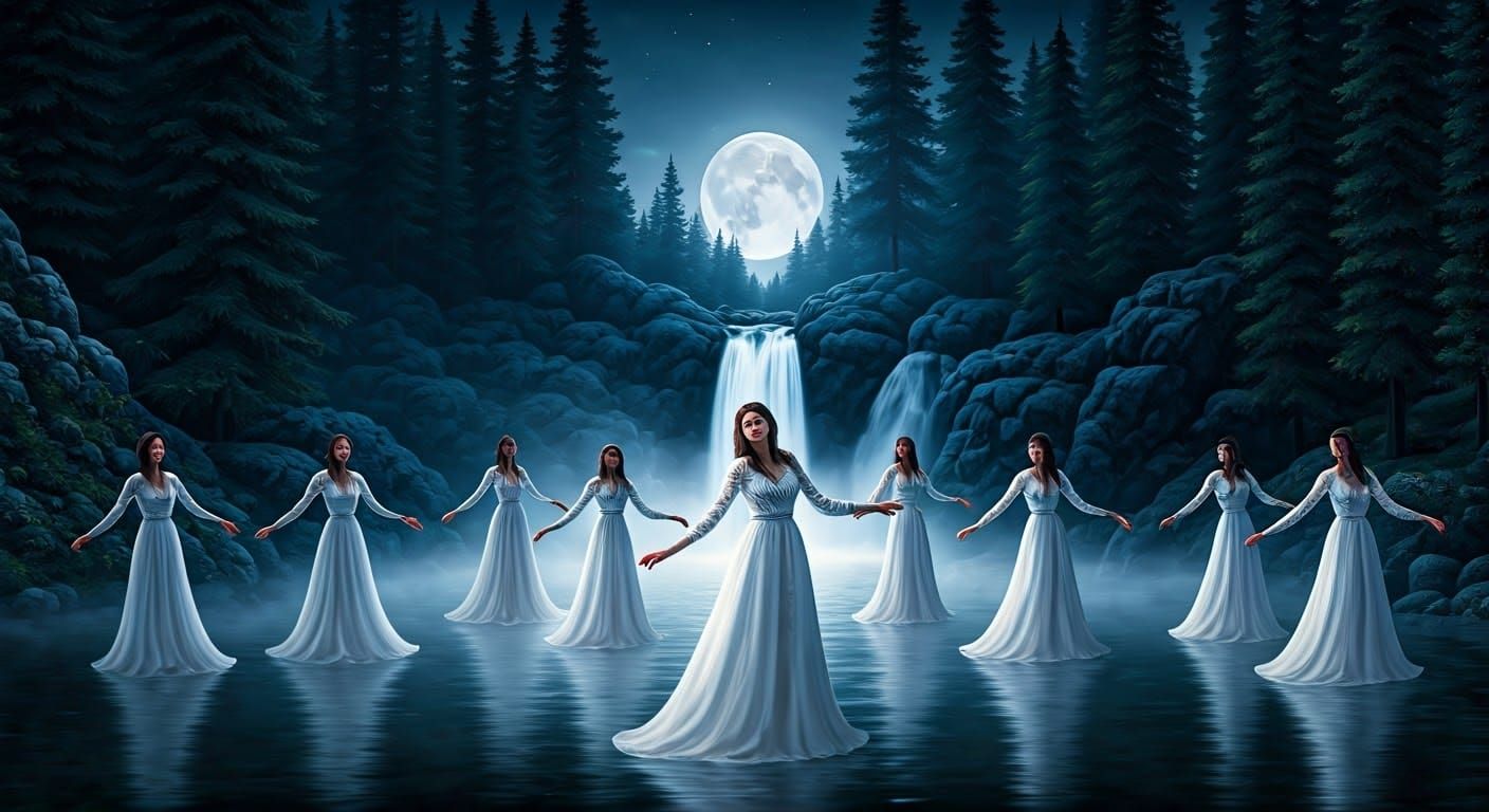 Surreal Women Gather Under Full Moonlit Waterfall
