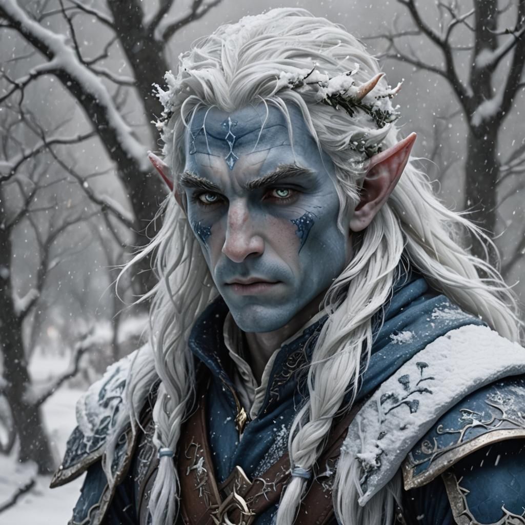 Blue-Skinned Elf in a Winter Snowstorm