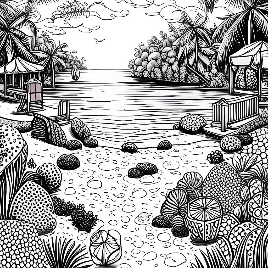 Coloring Book Style Beach Scene in Black and White