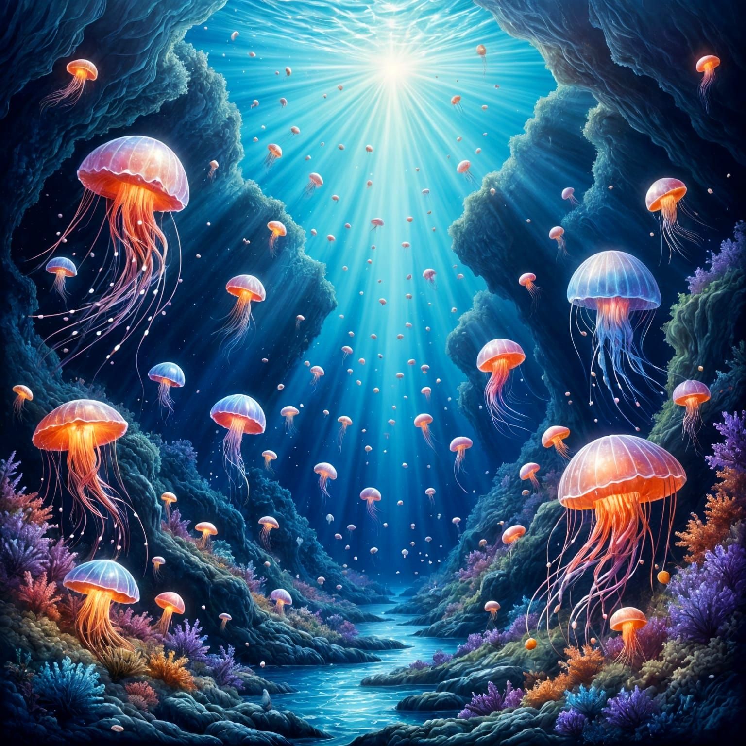 Vibrant Jellyfish in Deep Ocean Watercolor