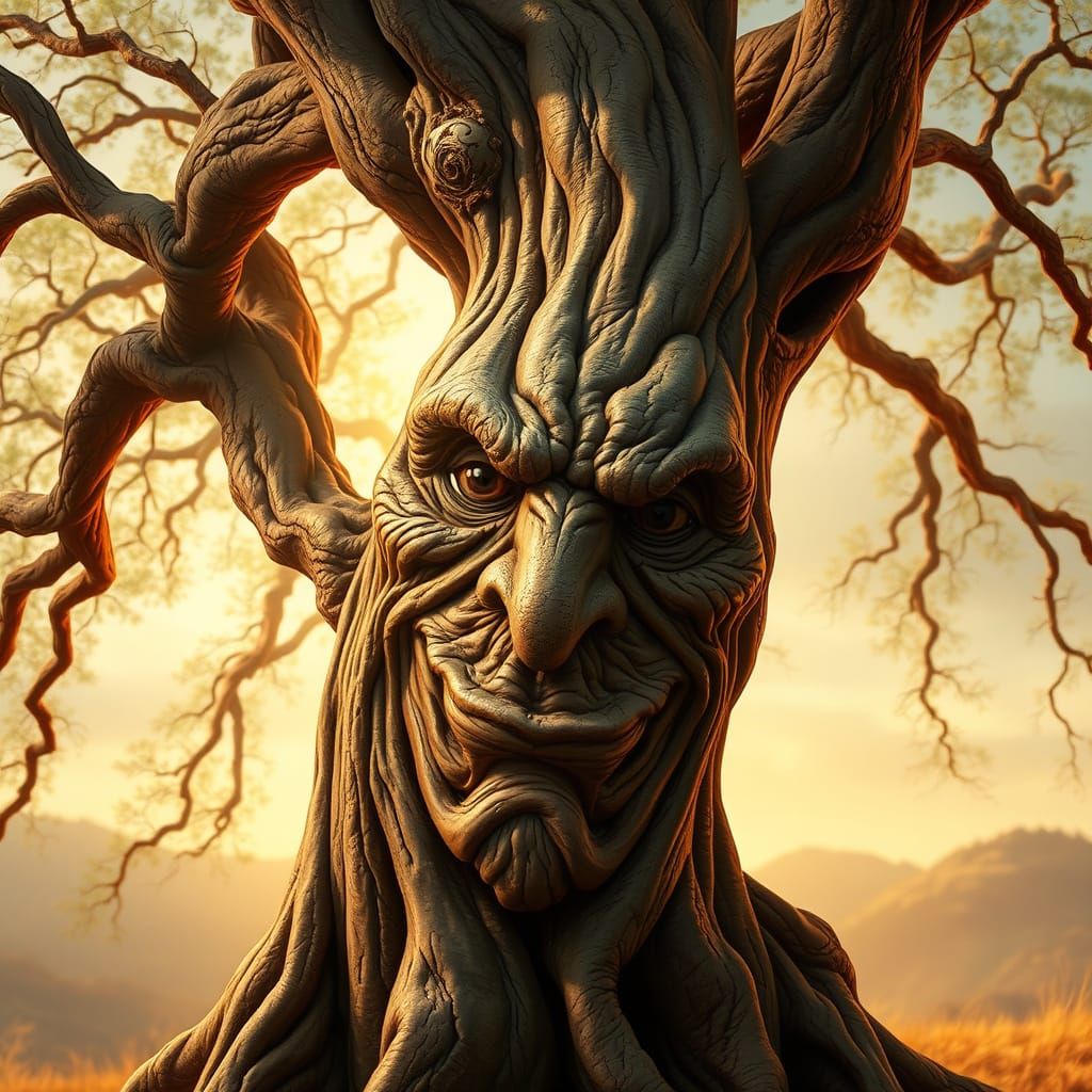 Ancient Tree with a Weathered, Wise Face in a Golden Light