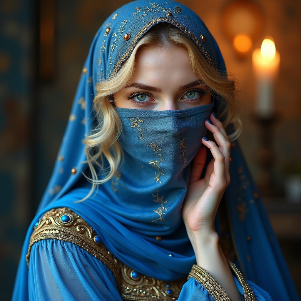 Ethereal Hungarian Lady in Blue Veil Oil Painting