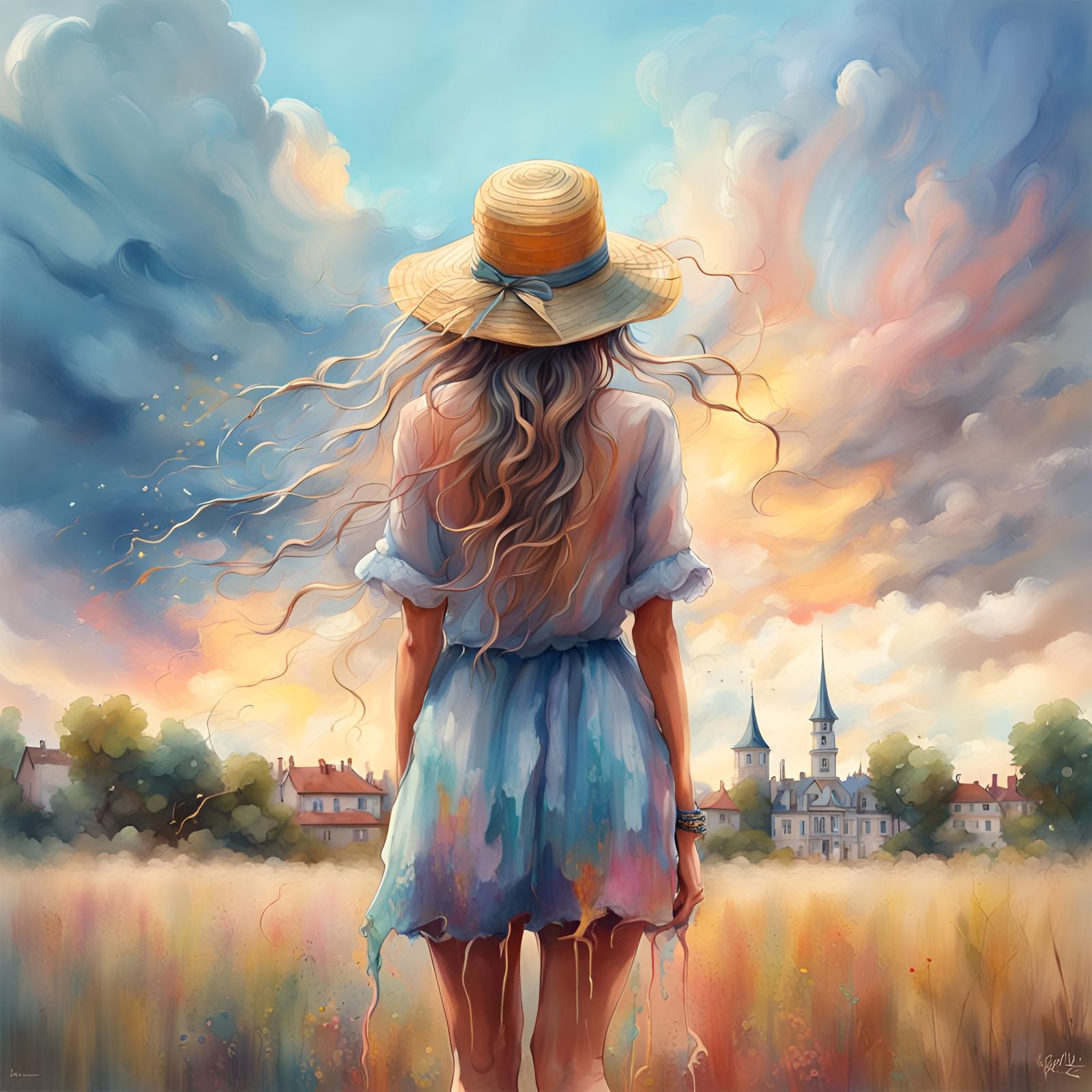 Woman in Pale Blue Dress at Sunset