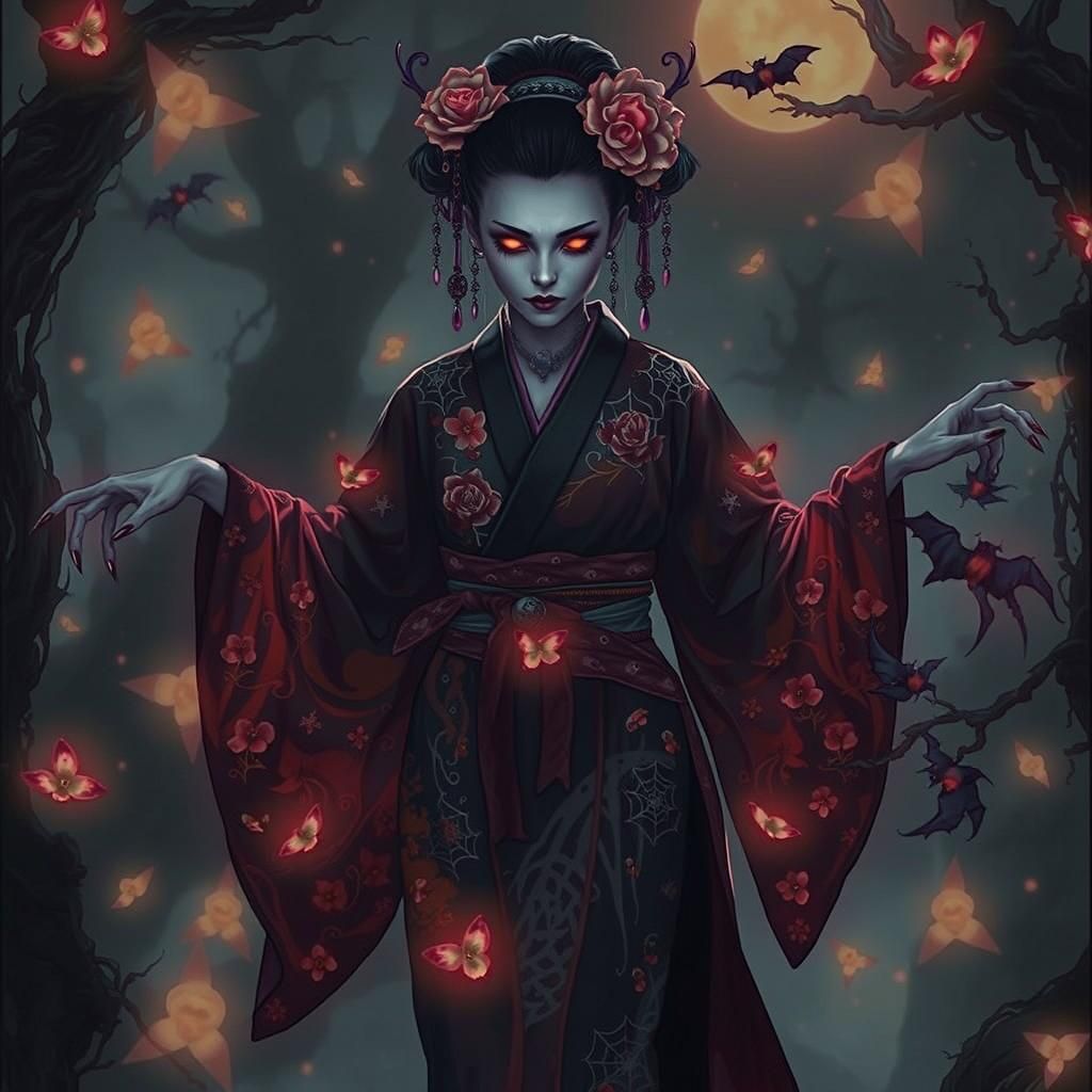 Mystical Vampire Geisha in Haunted Garden