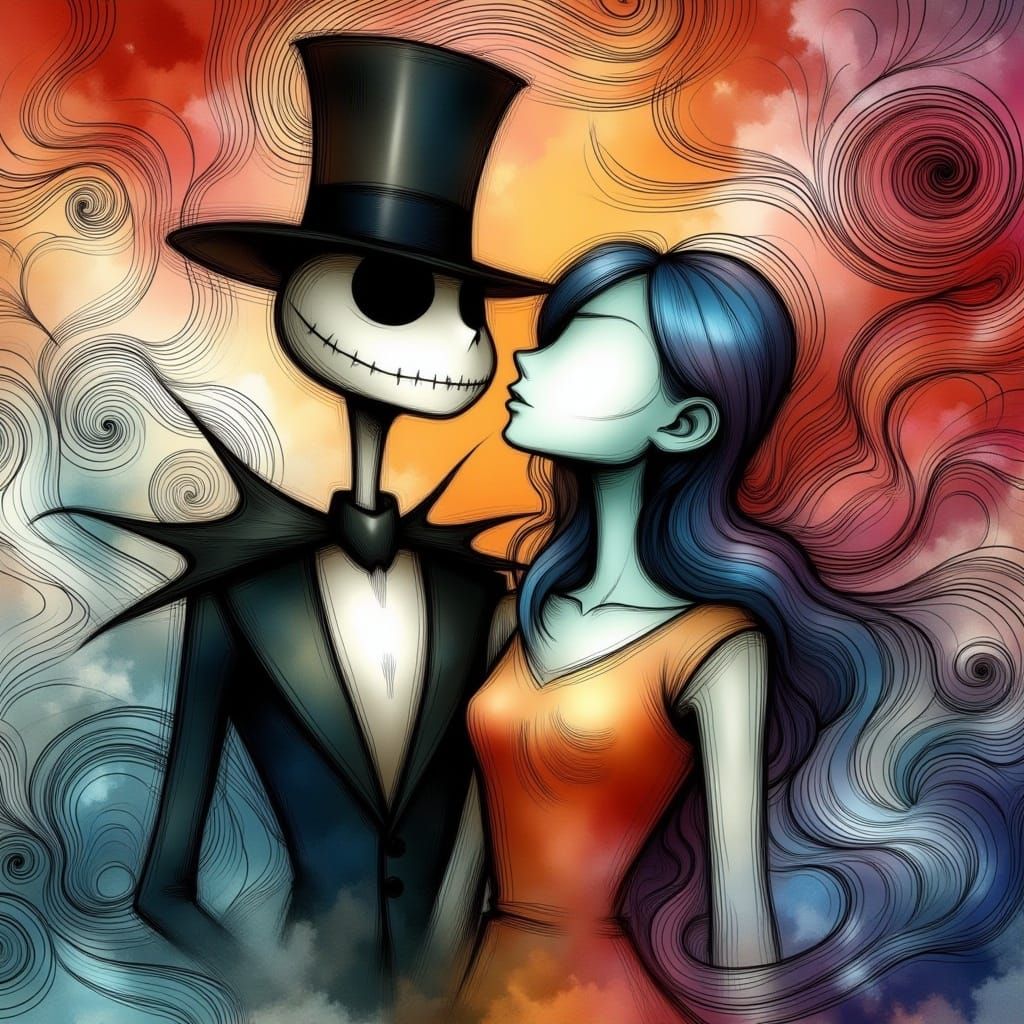 Dreamscape of Jack and Sally in Swirling Line Art