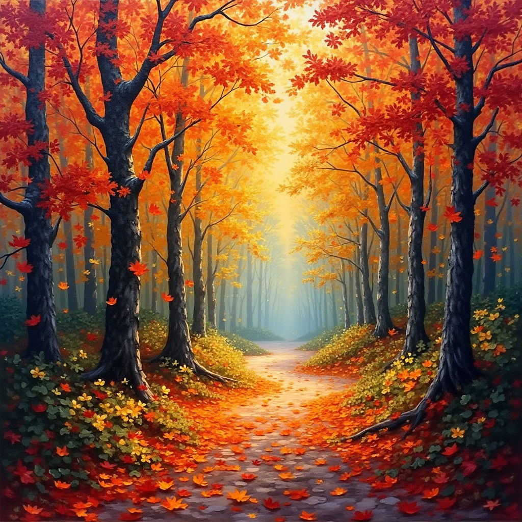 Vibrant Autumn Wood in Impressionist Painting Style
