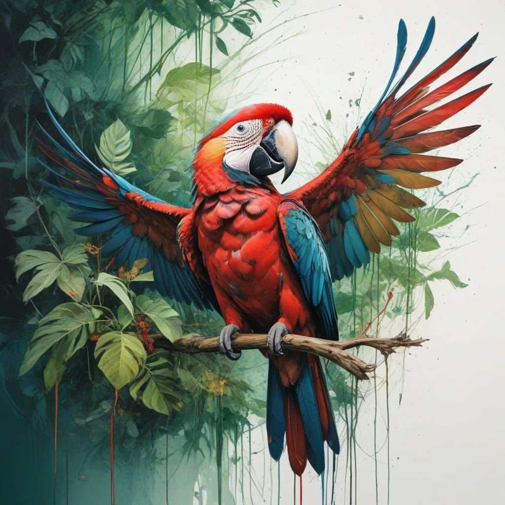 Scarlet Macaw in Misty Amazon Rainforest with Textile Patter...