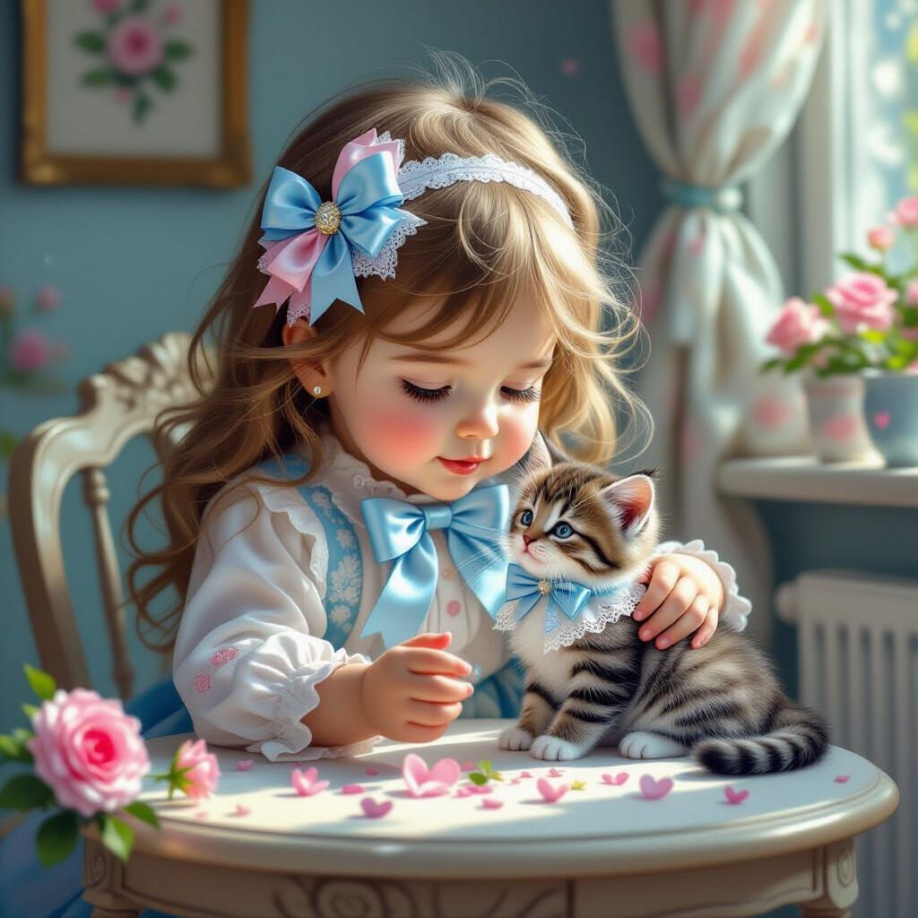 Adorable Baby Plays with Kitten in Holographic Style