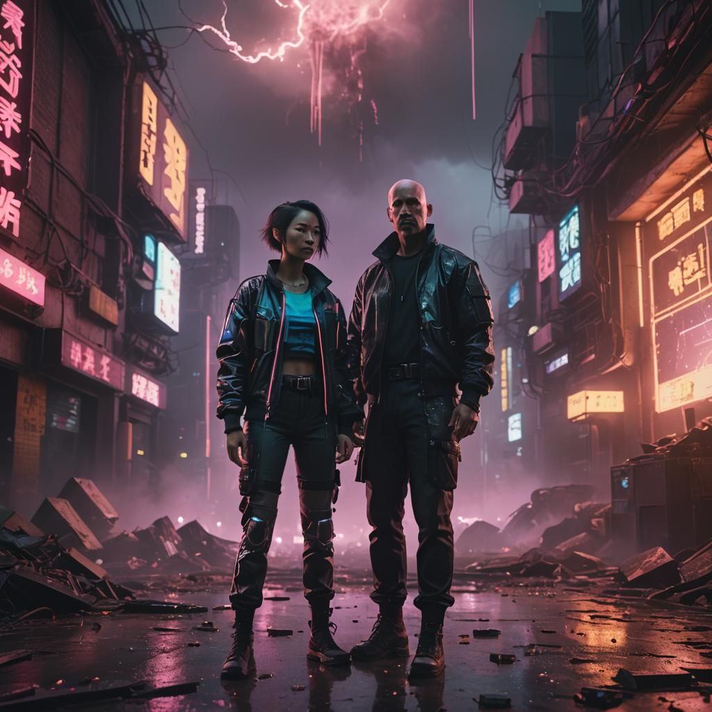 Cyberpunk Couple in Gritty, Vibrant Cityscape