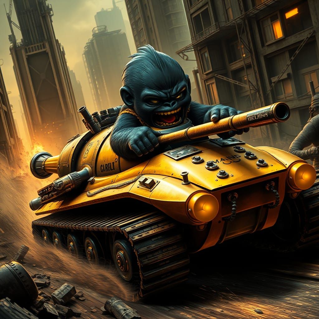 Chibi Gorilla Races Banana Tank in Wasteland