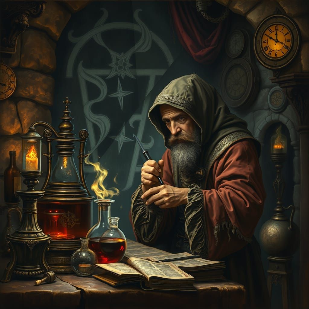 Enigmatic Alchemist in Chiaroscuro Laboratory