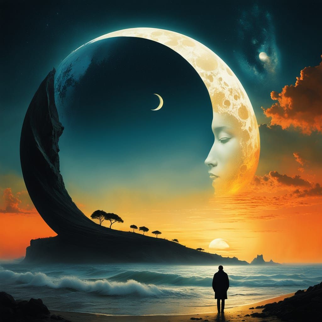 Surreal Yin Yang Sun Moon on Vibrant Beach Sunset