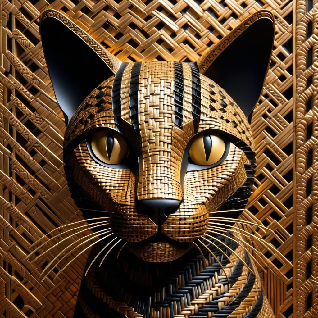 Art Deco Woven Wicker Cat Portrait