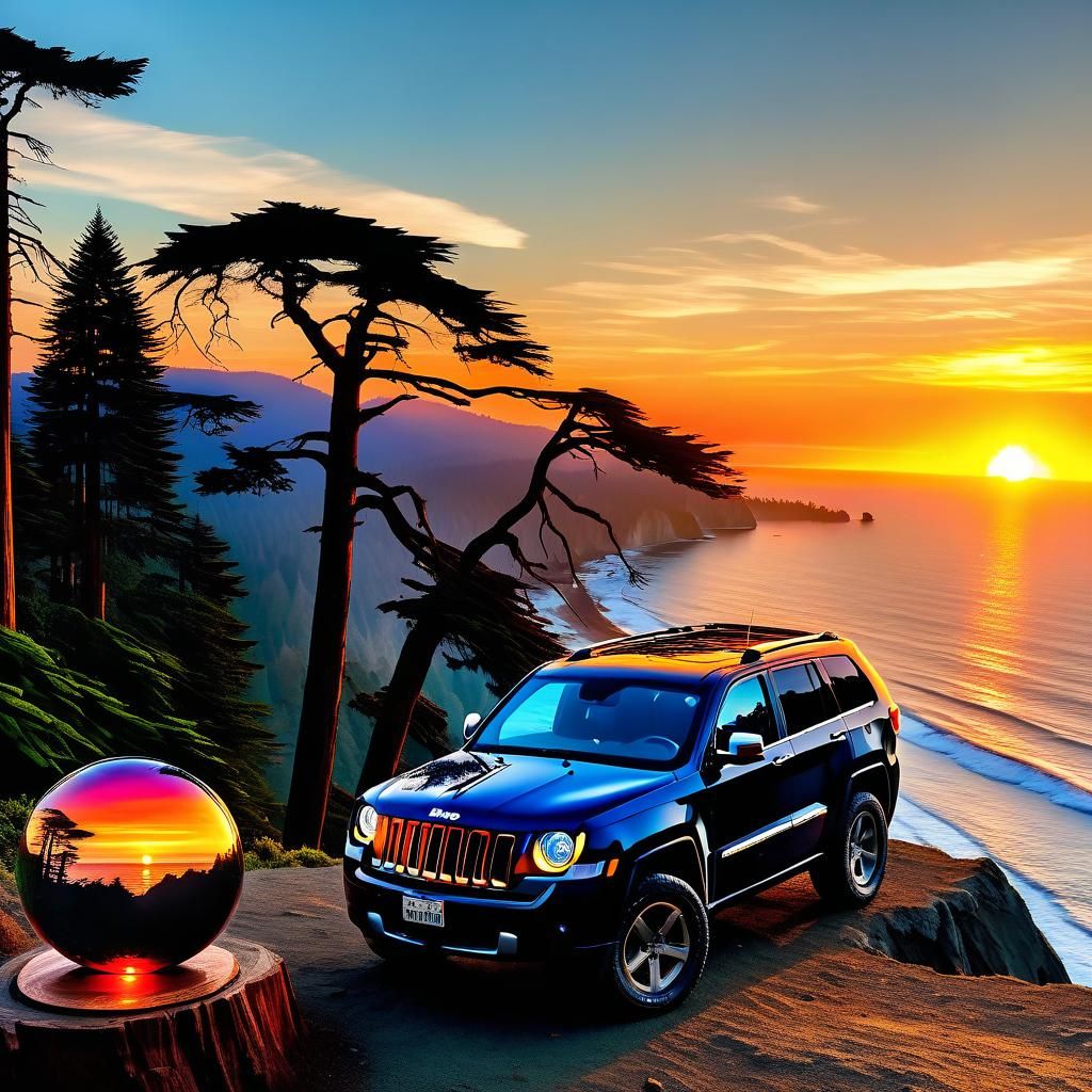 Off road Jeep parked on a cliff overlooking the sea with red...