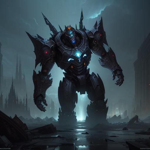 Robo Battles in Ruined City: Dark Fantasy Art