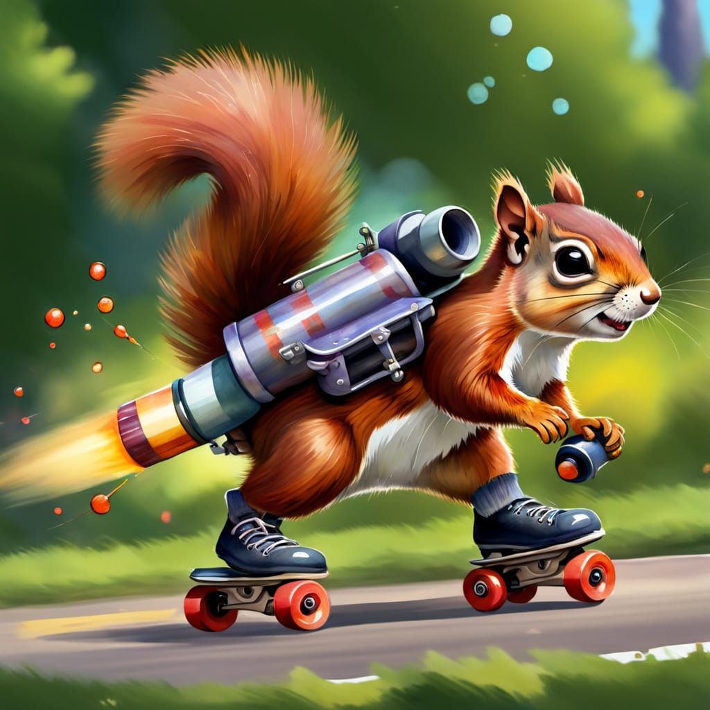 A very mischievous squirrel with mini rockets on its back an...