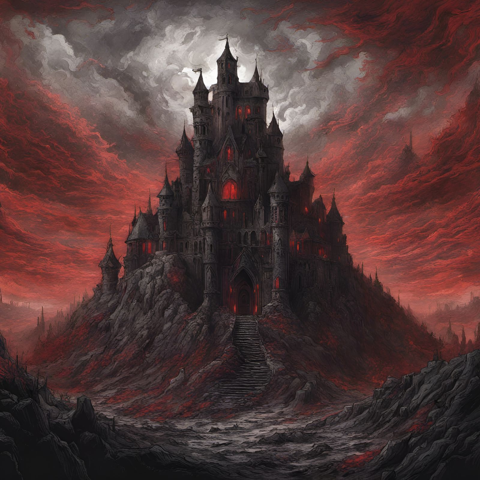 Mystic Red Fog Horror Castle with Celtic Patterns