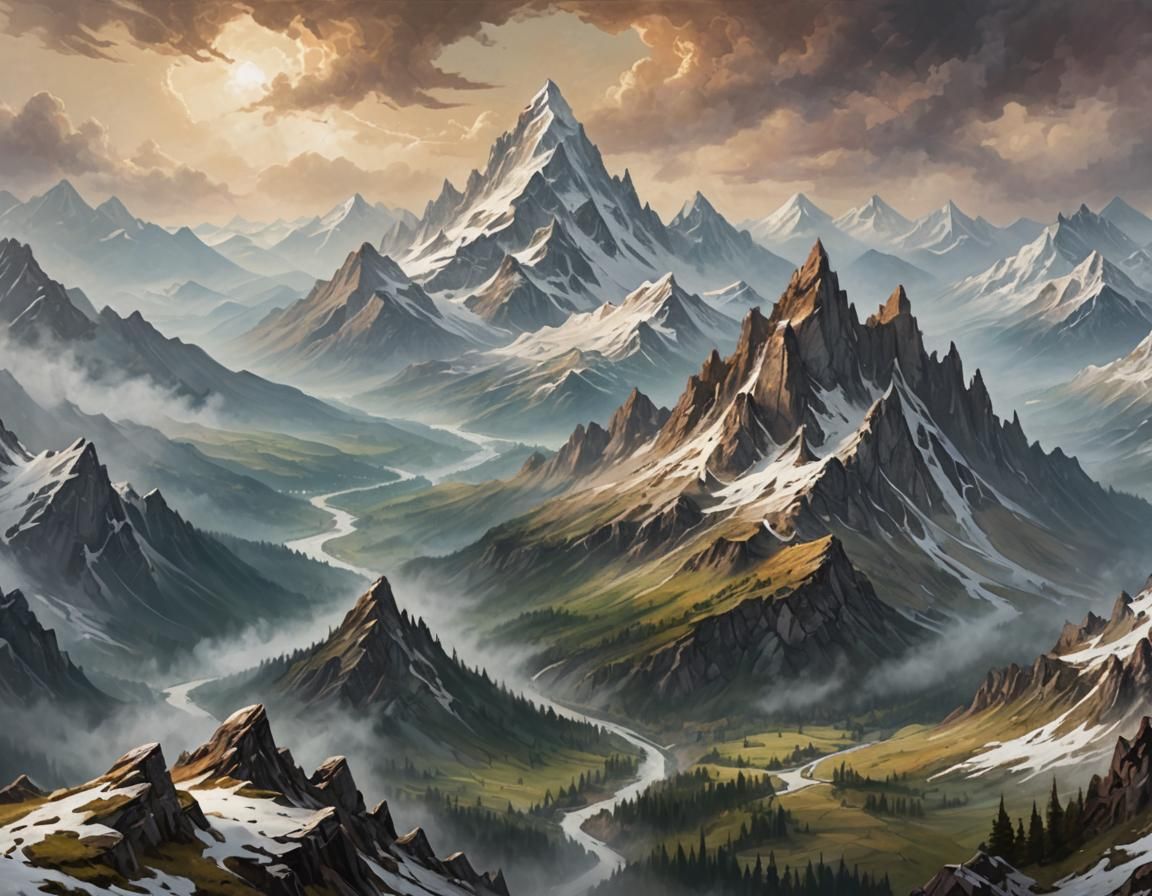 Mystical Mountain Range in Acrylic Impasto Style