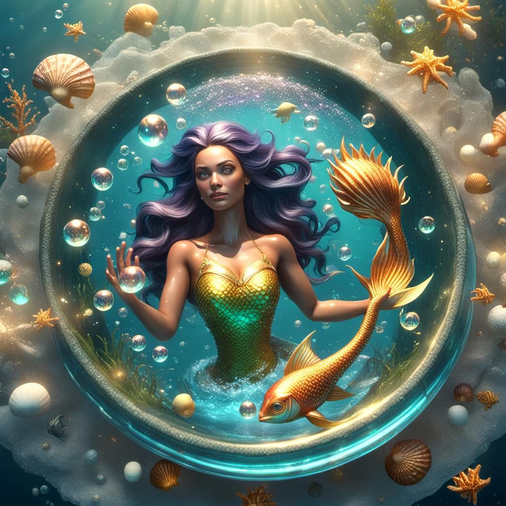 Mermaid Bathing in Surreal Marine Bowl