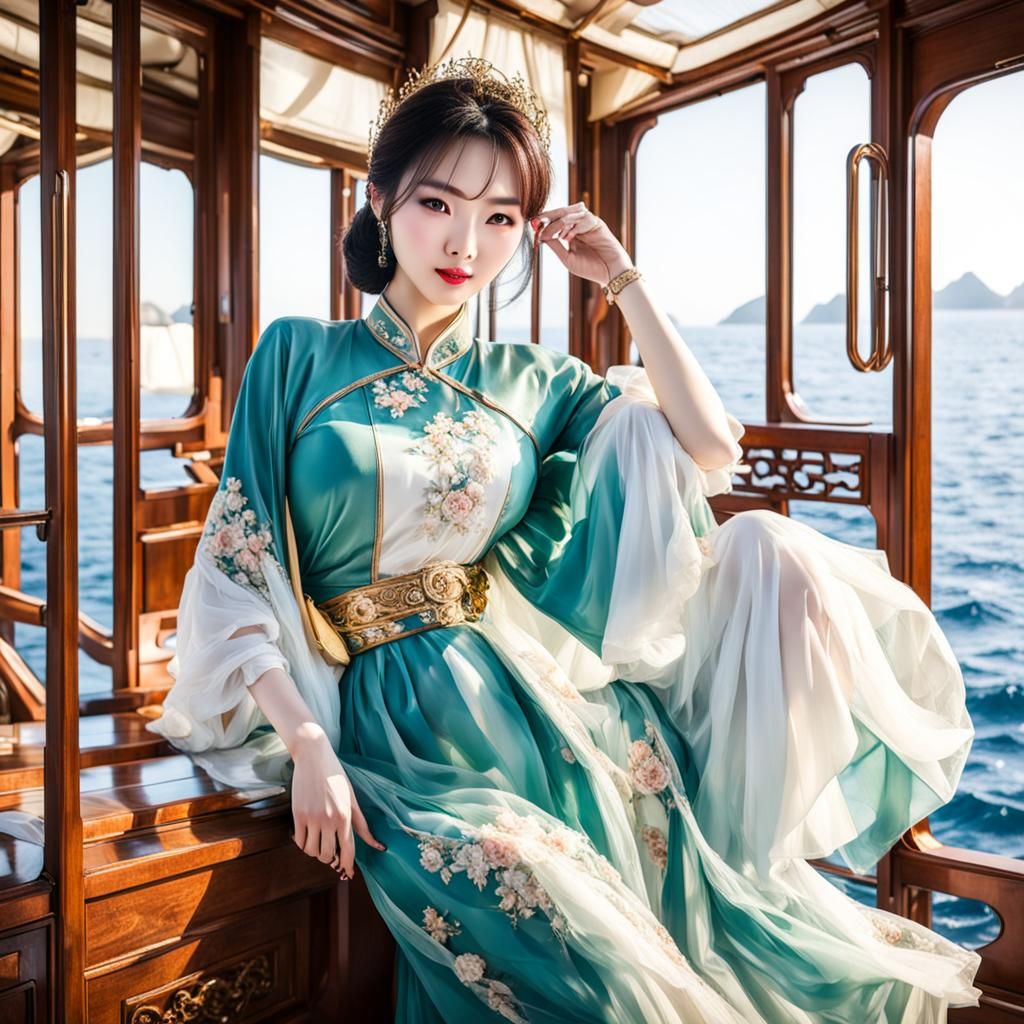 Chinese Girl Displays Figure by the Sea